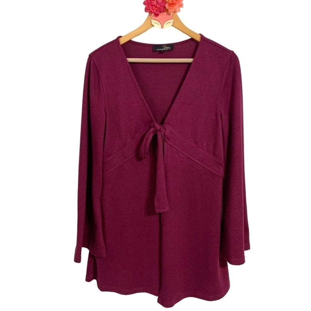 Suzanne Betro cardigan tie front burgundy marled bell sleeve size small